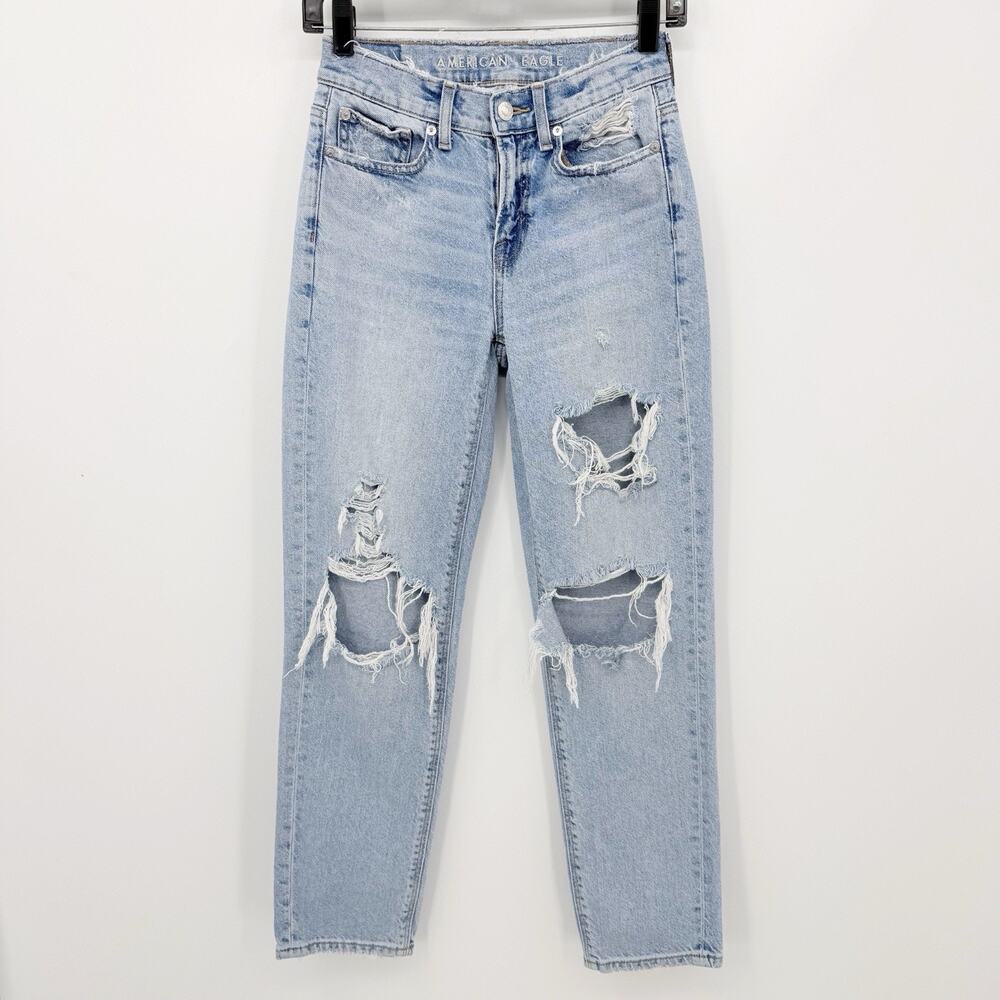 American Eagle Straight Jeans‎ Distressed Ripped Blue 000 Grunge 90s Edgy Y2k